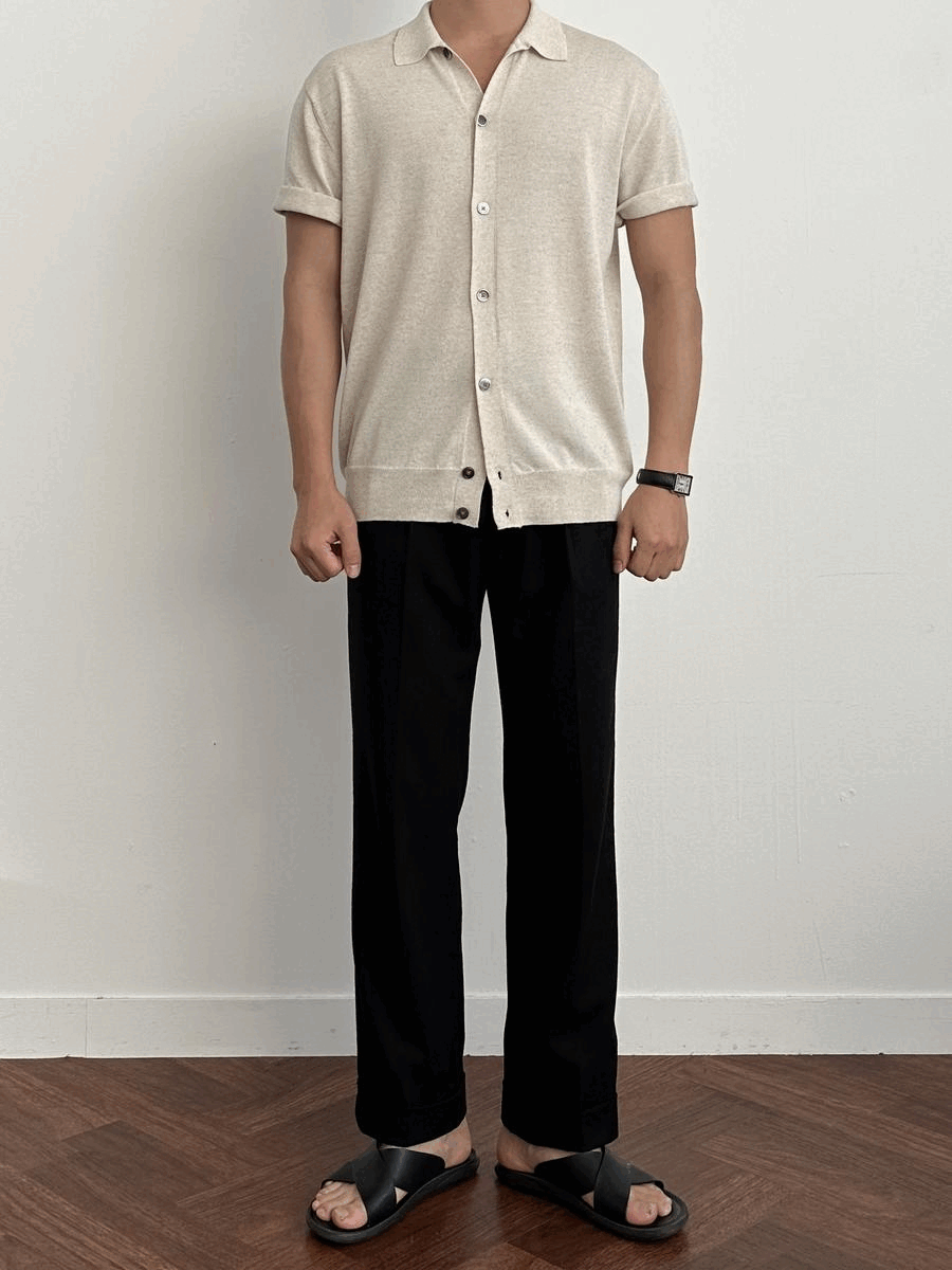 Linen collar short-sleeved cardigan