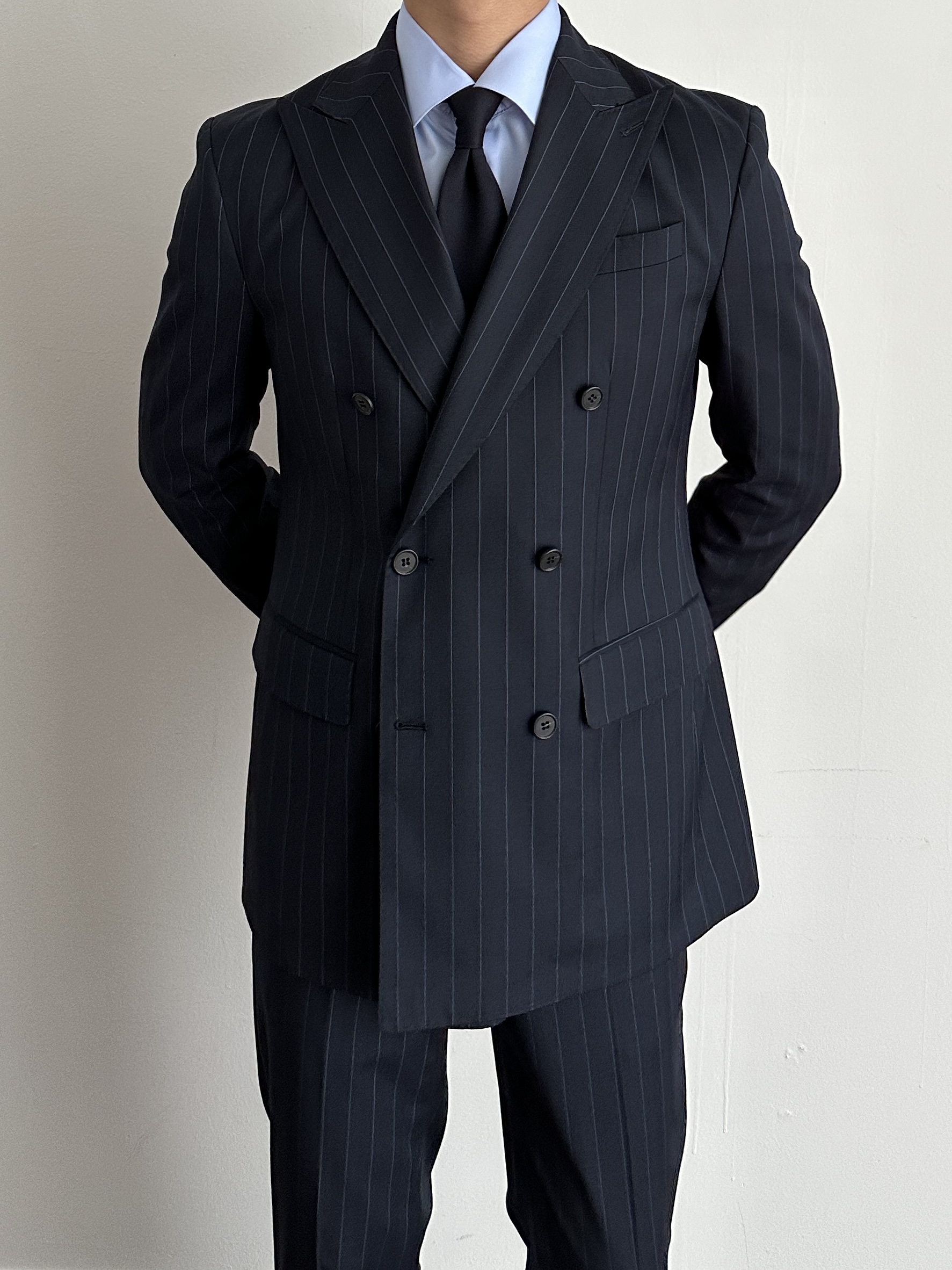 Wool Streep Double Suit - Navy