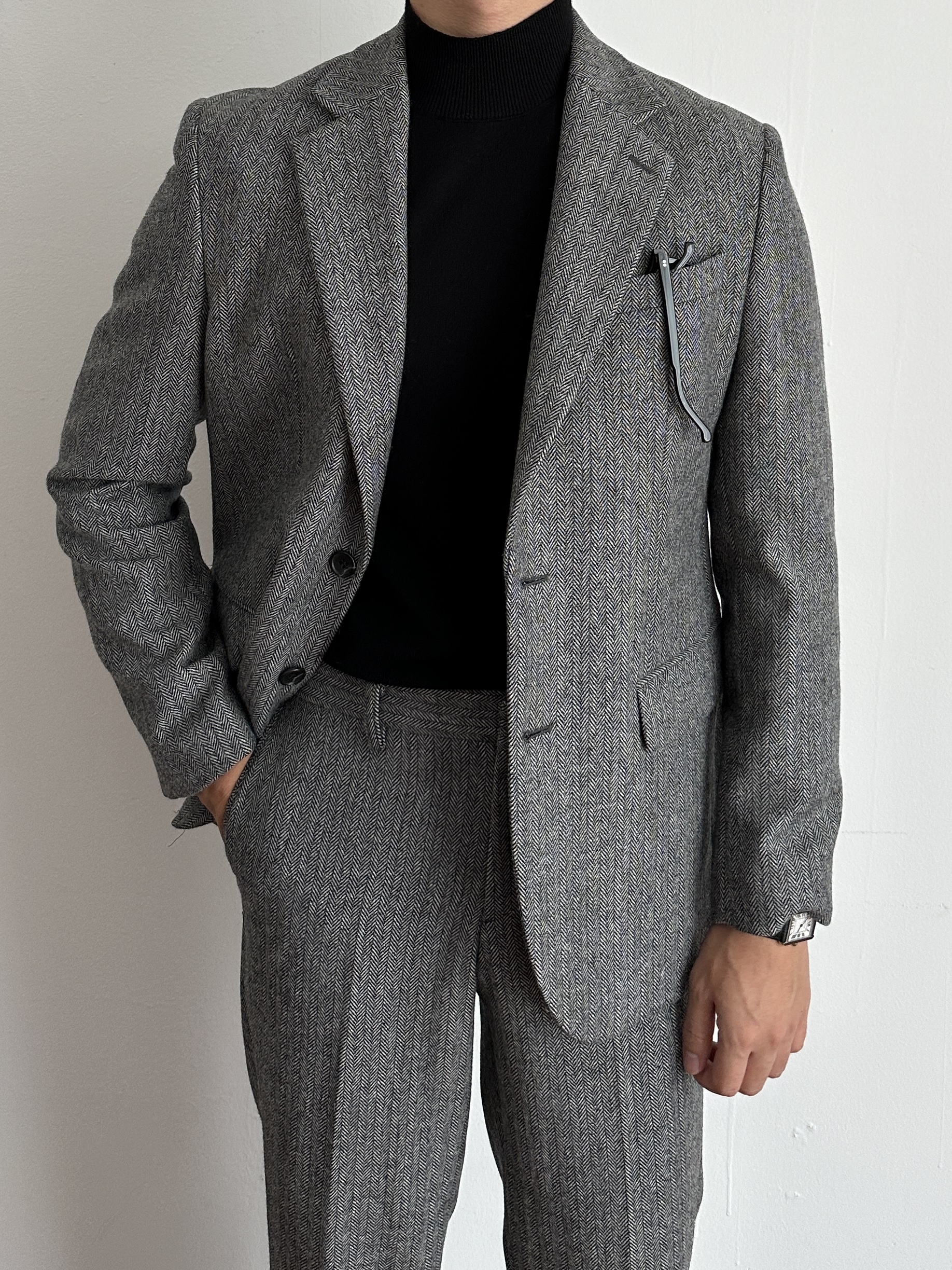 Wool Herringbone Suit - Gray
