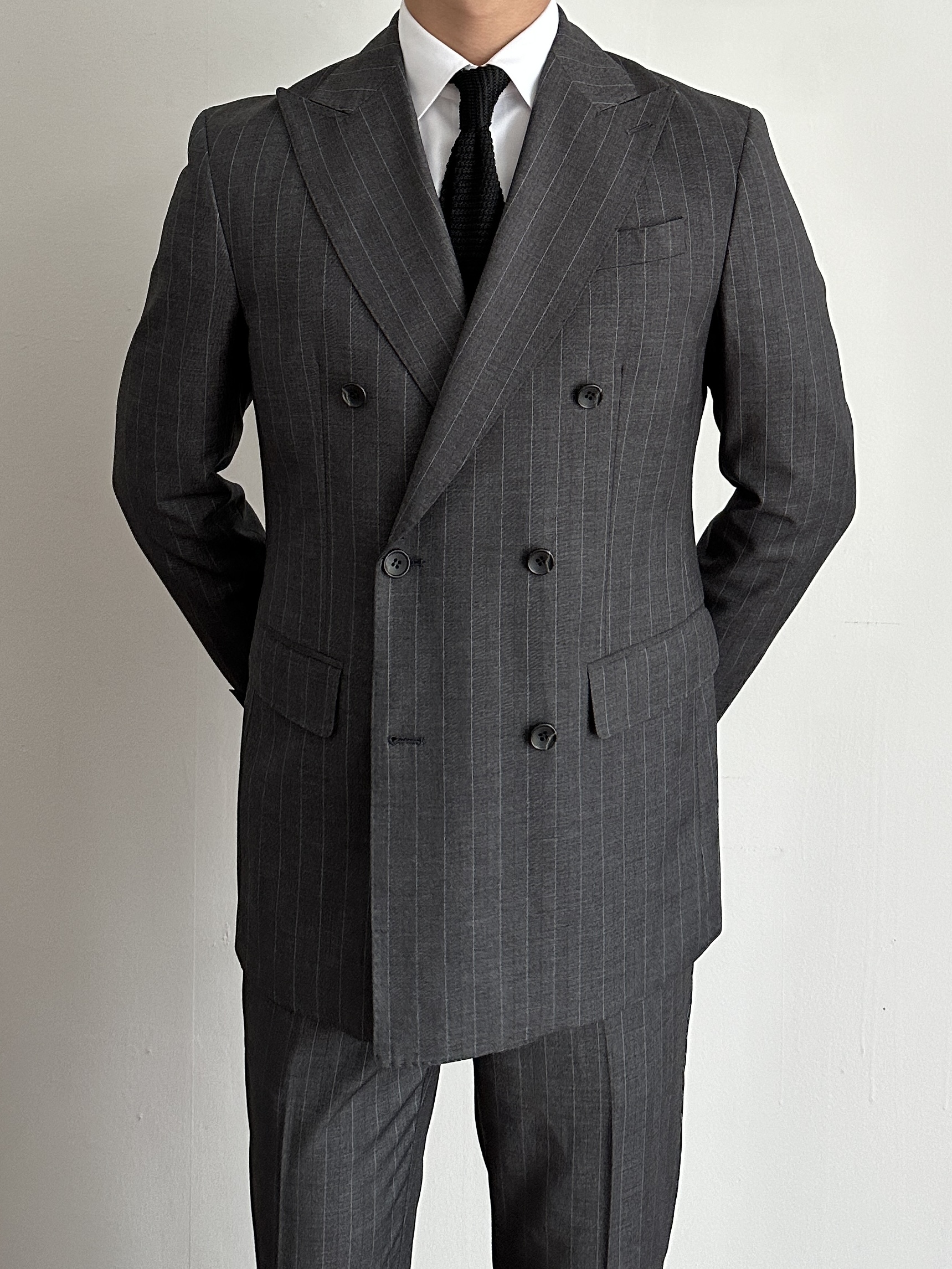Wool Streep Double Suit - Charcoal