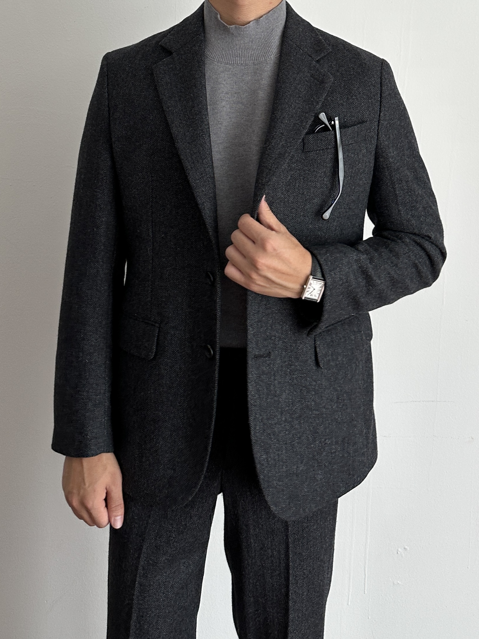 Wool Herringbone Suit - Charcoal
