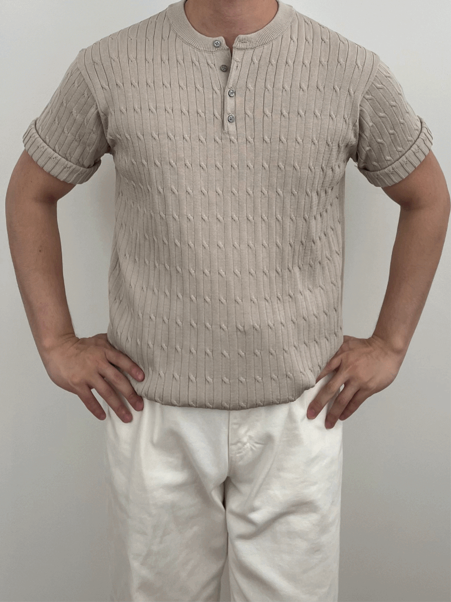 Cable Henry neck Short-sleeved Knitwear